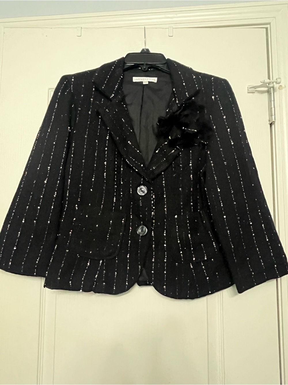 Lavender Star Black and Pink Tweed Blazer with Decorative Brooch
